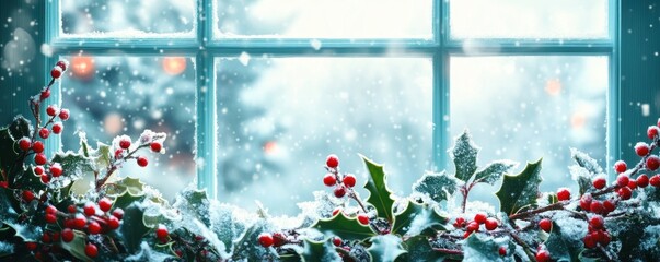 A cozy winter scene with snow gently falling outside a window adorned with holly and red berries, creating a festive atmosphere.