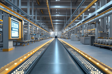 Obraz premium Modern automated factory interior with machinery and conveyor belt. High-tech industrial production line. Efficient manufacturing facility.
