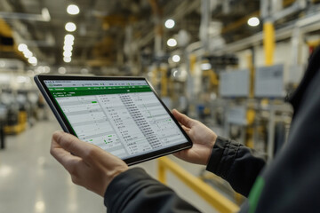 Person holding a tablet with data in a manufacturing plant, showcasing technology integration in industrial environments.