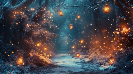 A magical forest illuminated by glowing lanterns and soft sparks, creating an enchanting atmosphere for dreamy adventures.