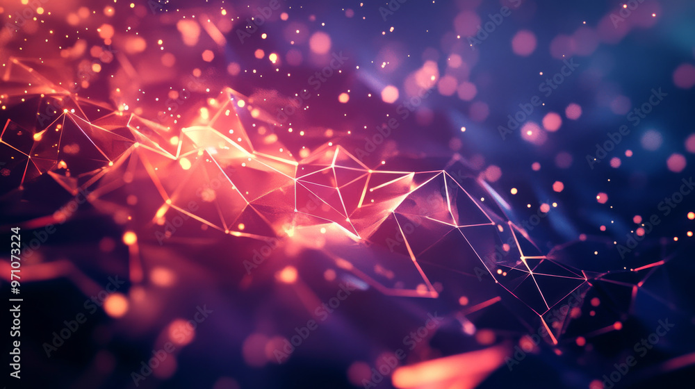 Poster a digital background made of triangles, with wavy lines and sparkling particles. it's like a 3d imag