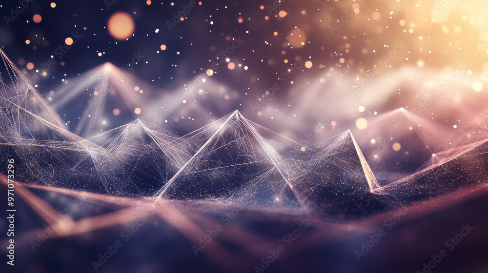 Poster a digital background made of triangles, with wavy lines and sparkling particles. it's like a 3d imag