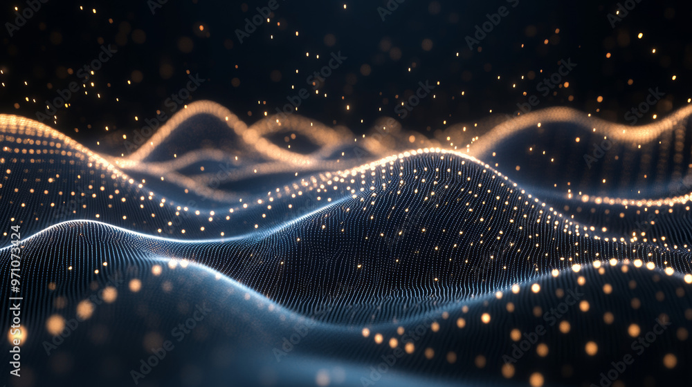 Poster a digital background with a geometric pattern. it has 3d waves made of tiny points and lines, creati