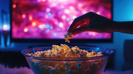 A hand reaching for a single piece of popcorn from a large bowl while sitting in front of a glowing TV screen