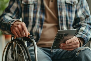 Senior man is sitting in his wheelchair and using a smartphone