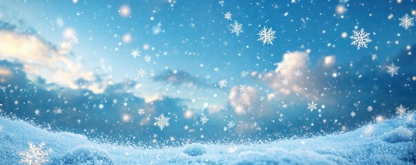 A serene winter landscape with soft falling snowflakes against a clear blue sky, creating a peaceful and tranquil atmosphere.