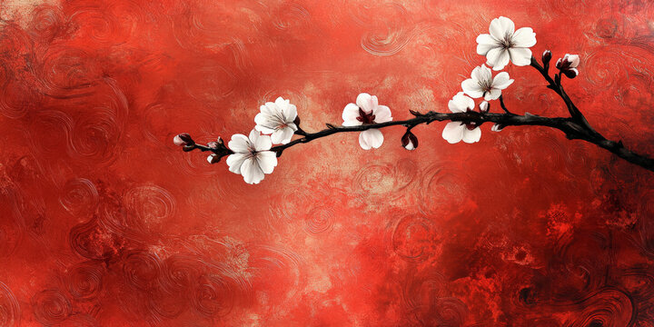A single cherry blossom branch in full bloom against a textured red background with swirling patterns, giving the image an artistic, energetic aesthetic.