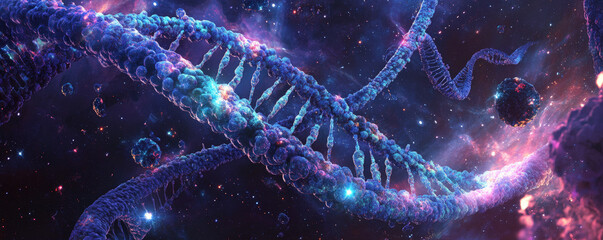 Fototapeta premium DNA strands in radiant blue and purple hues, intertwined with bright molecular particles, floating against a cosmic background of deep blacks and glowing stars.