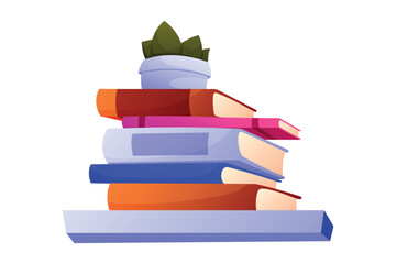 Stack of colorful books and plant in a pot. Vector isolated cartoon illustration, interior design element.
