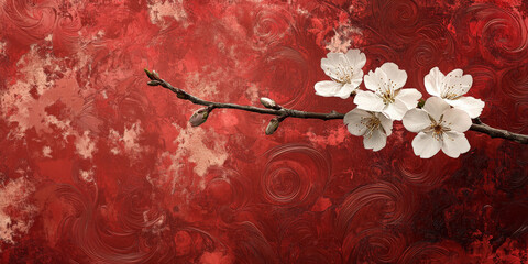 A single cherry blossom branch in full bloom against a textured red background with swirling patterns, giving the image an artistic, energetic aesthetic.