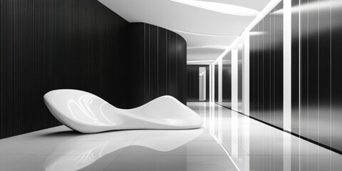 Abstract architectural interior featuring a white sculpture glossy black walls and floor in a line art style 3D illustration and rendering