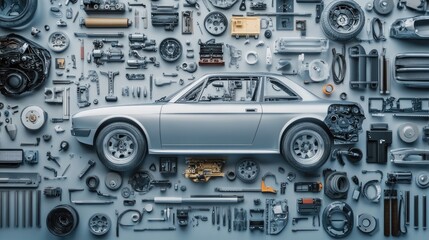 Fototapeta premium A silver car in the center of an array of disassembled parts, with tools and components surrounding it, showcasing detailed vehicle diagnostics