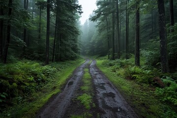 Obraz premium A lush forest path is depicted after a rainfall, with the ground richly covered in moss and the surrounding foliage thriving, presenting a fresh and rejuvenated ambiance.
