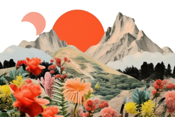 PNG Collage Retro dreamy nature art landscape mountain.