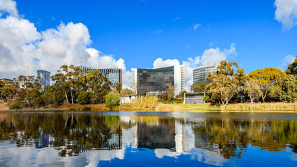 Adelaide Riverbank skyline viewed across Torrens river on a day