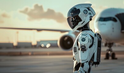 A high-tech robotic pilot waits beside a sleek aircraft on the runway. The photo showcases the integration of AI in advanced aviation and aeronautics.