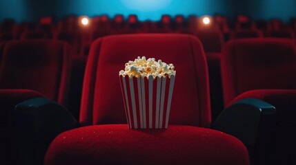 A popcorn box sitting on a classic red cinema seat, waiting for the movie to start with dim lighting