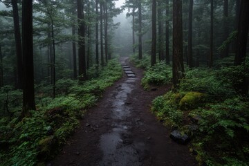 Fototapeta premium A forest pathway featuring stones and moss is depicted under damp conditions, surrounded by thick greenery and tall trees creating a serene and natural tableau.