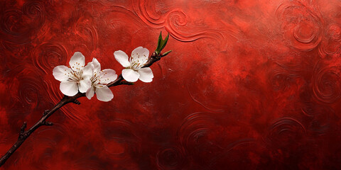 A single cherry blossom branch in full bloom against a textured red background with swirling patterns, giving the image an artistic, energetic aesthetic.