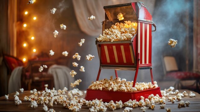 A vintage popcorn machine popping fresh kernels in a home theater setting, with popcorn overflowing
