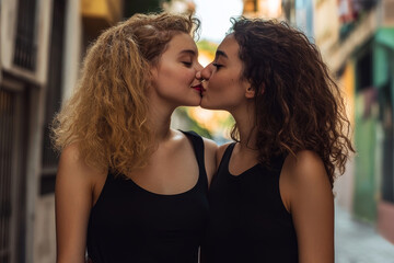portrait of two young women walking and kissing