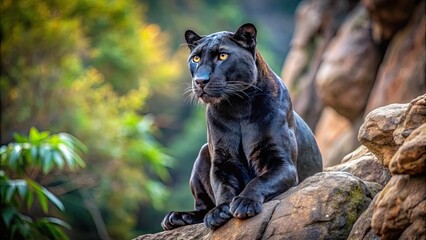 Majestic black panther sitting on a rocky outcrop, gazing intensely into the distance, its sleek fur and piercing eyes exuding power and grace in the wild.