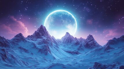 Snowy Mountain Peaks Bathed in Moonlight with Circular Star Arrangement