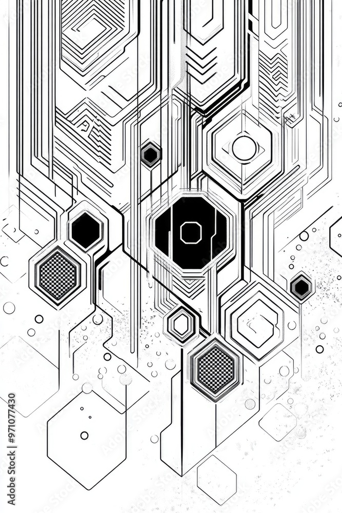 Poster abstract line art illustration featuring hexagonal patterns within architectural elements