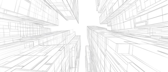 Abstract architectural illustration featuring line art of buildings in a 3D perspective