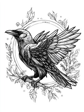recommend clip art: Line art illustration of an old school tattoo design featuring a raven crow