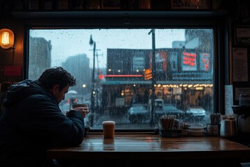 Obraz premium Individual sitting inside a cozy café, looking out of a large window at a rainy city street, sipping a hot coffee, capturing the essence of a quiet, reflective moment.