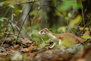 Alert weasel navigating through autumn forest foliage AI