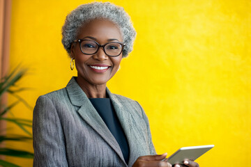 Senior African American businesswoman with a touchpad, smiling warmly at the camera, in a modern office, with a yellow background.