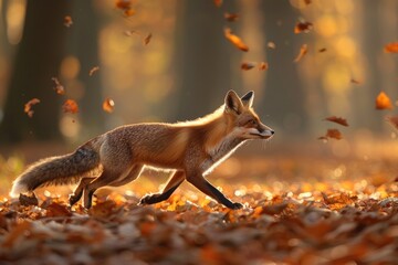 Graceful fox strolling through autumn leaves in a sunlit forest AI
