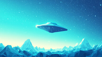 A mysterious flying object hovers in the vast blue sky, hinting at the possibility of alien life and space travel.low poly vector illustration.