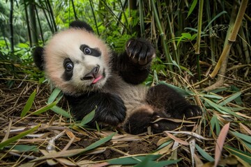 Obraz premium Cute baby panda lying in bamboo, sticking out its tongue playfully while gazing with wide eyes, in a dense forest environment. ai