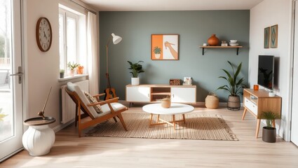 Fototapeta premium Modern Living Room Interior Design with Mid Century Furniture and Green Accents