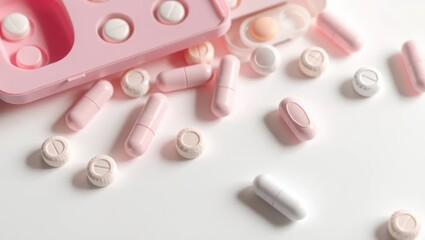 Birth Control Pink and White Pills in a Pill Organizer on White Background