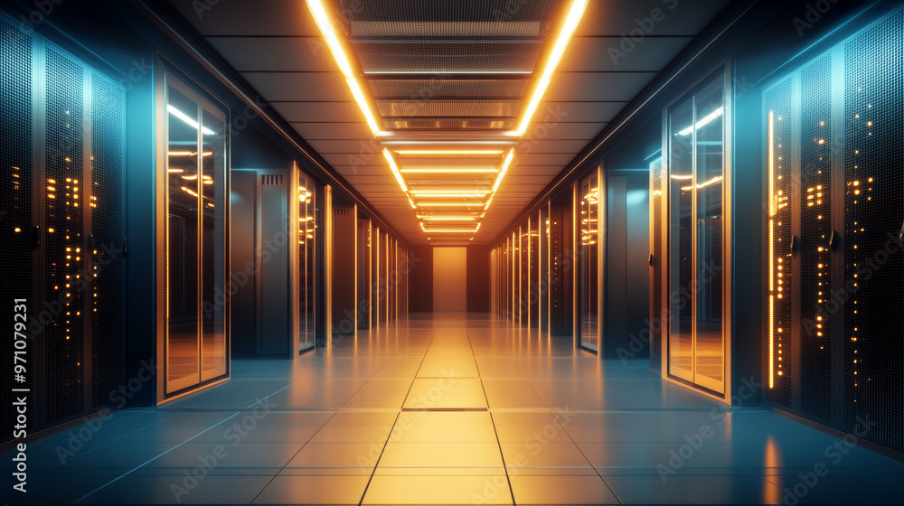 Poster a room in a data center where servers are kept. this room provides hosting services and uses 3d rend