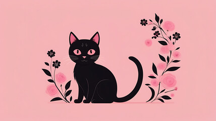 Black cat with pink flower, photo of cute black feline, spring background