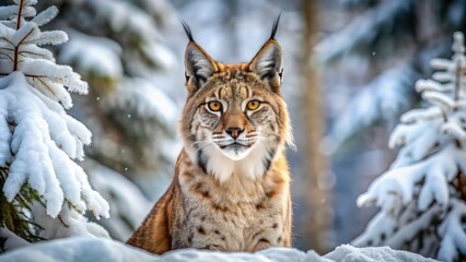 Majestic Eurasian lynx with piercing gaze and distinctive tufted ears, fur fluffed against winter snow, in a serene and mystical forest landscape.
