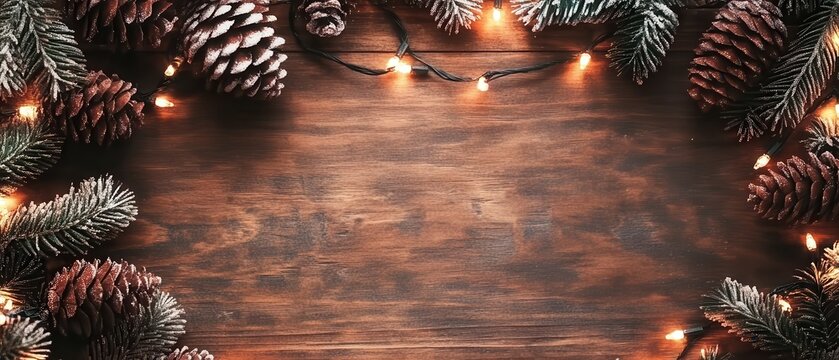 Festive holiday backdrop featuring pine cones and warm lights on rustic wood, perfect for seasonal designs and decorations.