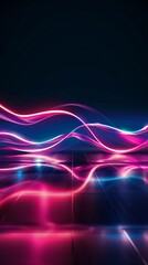 Abstract 3D illustration: neon-lit road at night in blue, pink, purple hues. Reflective, mesmerizing, mysterious atmosphere with sense of motion and vitality. Ample space for creative interpretation.