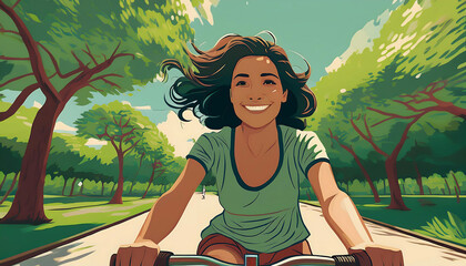  Woman riding a bicycle through a park – An illustration of a woman joyfully cycling thr_1(248)