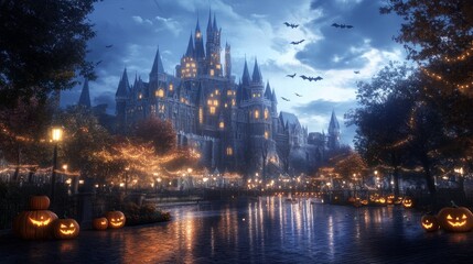 Towering castle fortress adorned with glowing Halloween banners pumpkins flickering along the walls