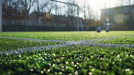 Fu�ballfeld mit Fu�balltor: Football field with goalposts.