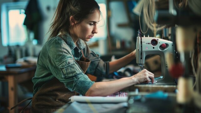 A young woman in a sewing studio with multiple machines, scissors, and fabrics, focused on dressmaking. Engrossed in work with occasional breaks.