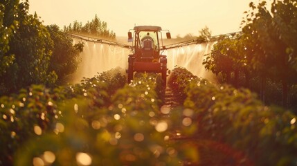A tractor sprays chemicals on grapevines in a lush vineyard under sunlight, enhancing vibrant colors.