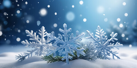 Beautiful decorative snowflakes in the snow, Snow flakes are scattered on a snowy surface on the blue snowy background