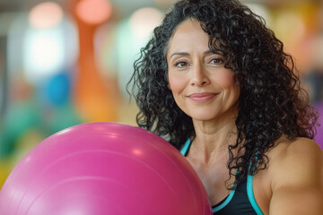 Naklejka premium Middle-aged Hispanic woman, with curly hair, holding a fitness ball in a bright, colorful gym. She is looking at the camera with a confident smile, ready to take on her next exercise challenge.